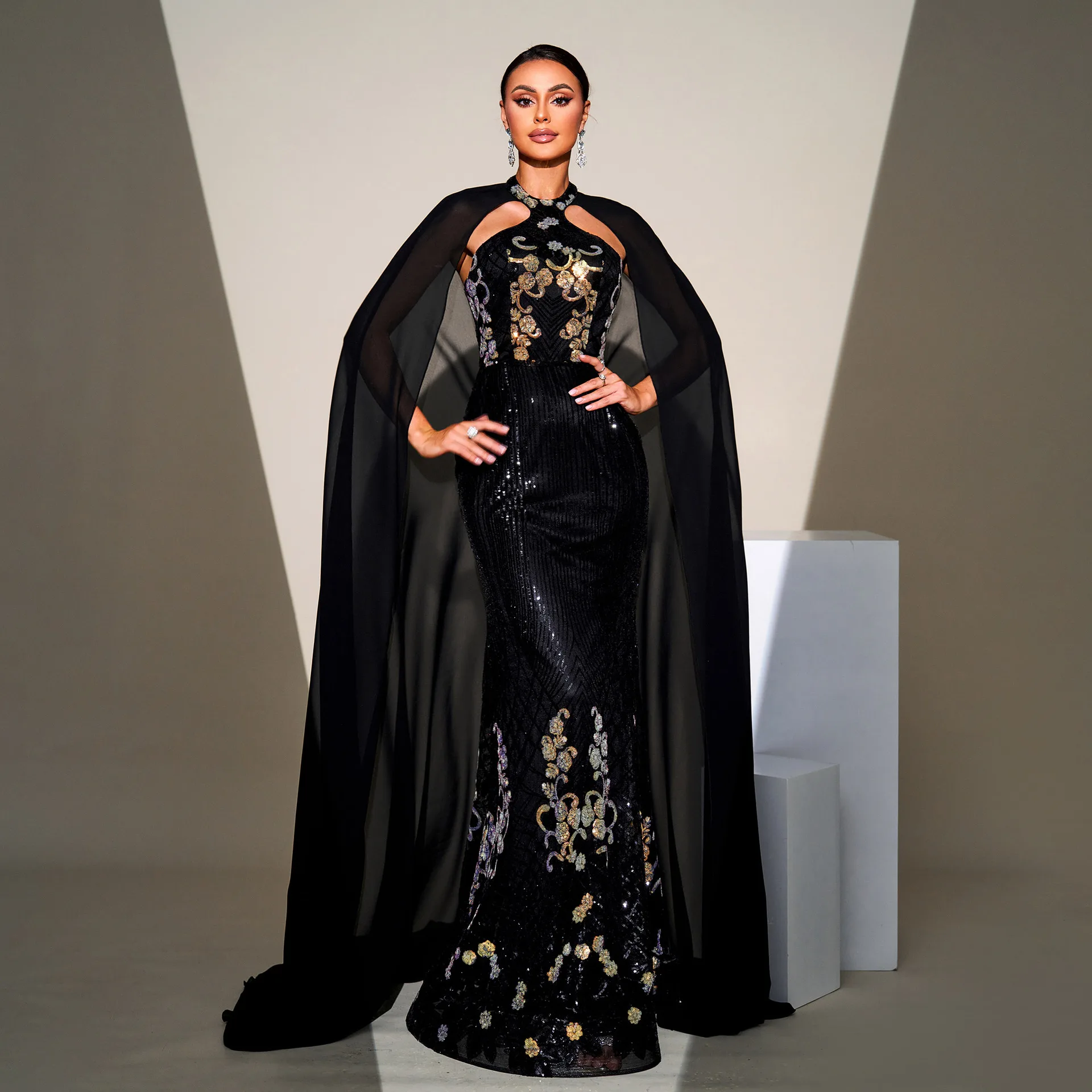 2025  Elegant Floral Pattern Halter Long Sequin Mesh Shawl Evening Dress Female Party Bridesmaid Summer