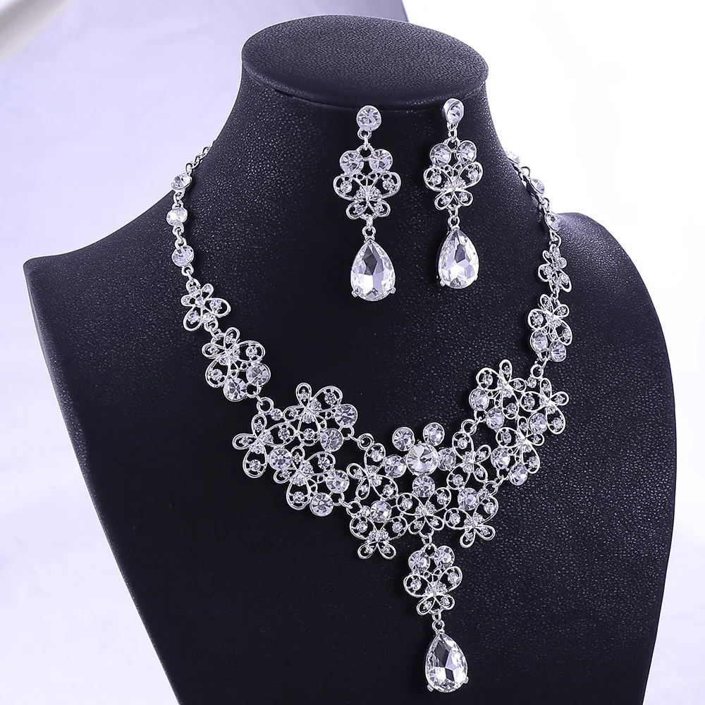 Wholesale Girl Bling Bride Hair Accessories Tiaras Earrings Necklace Wedding Crown Jewelry Set With Box
