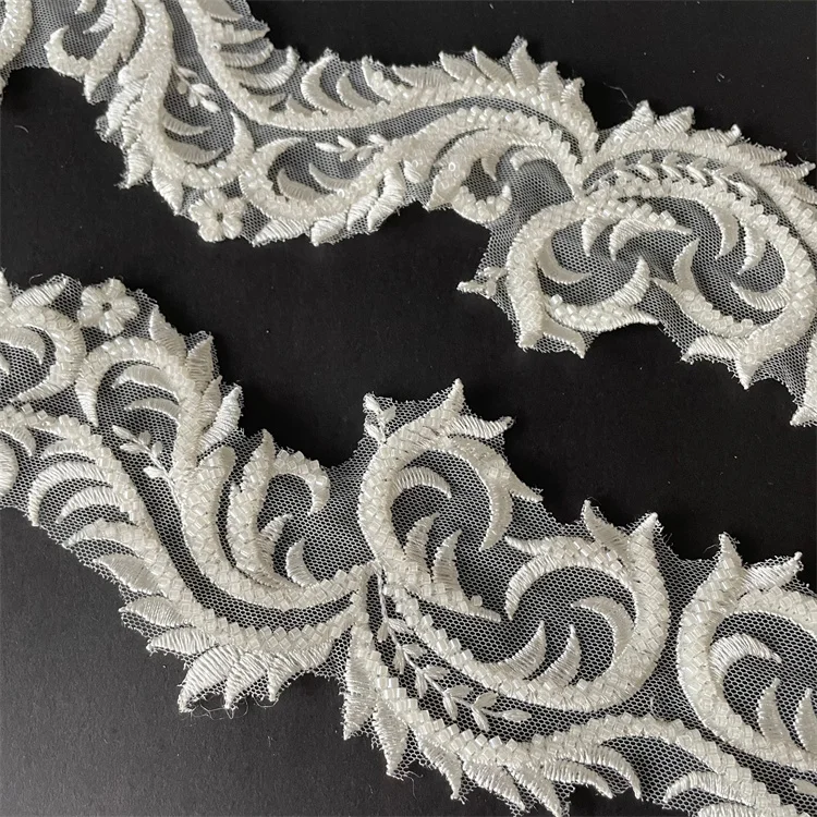 Factory Customized 9cm embroidery beaded border lace trim for wedding gown