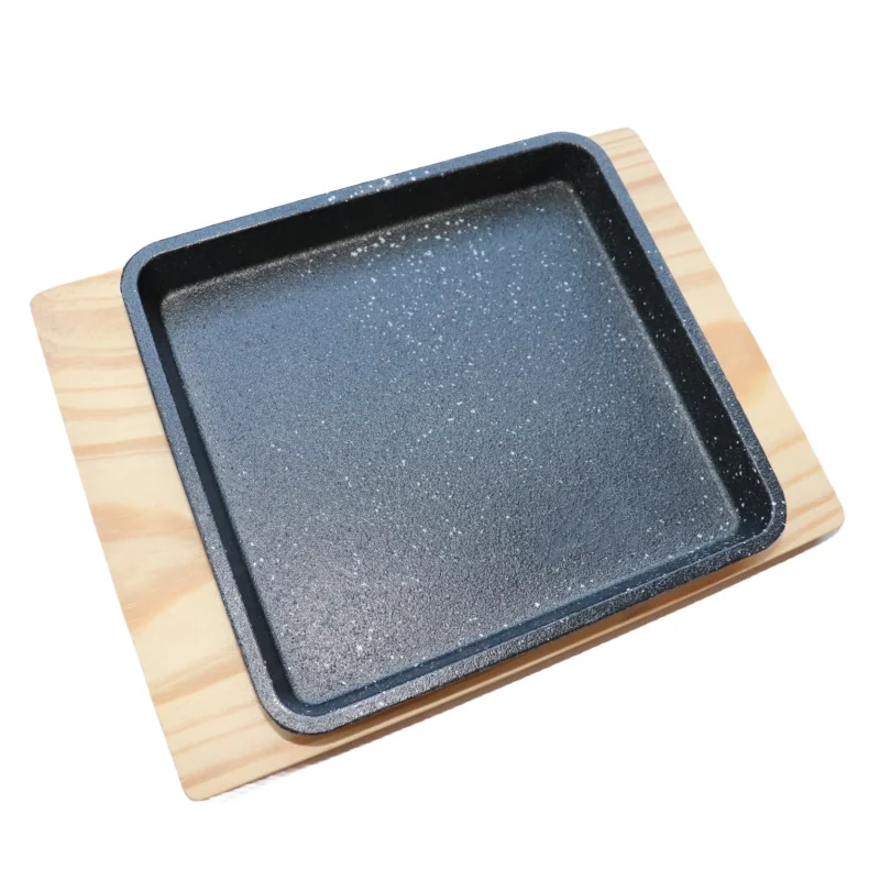 Cast Iron Nonstick Roast Meat Platter Square Home Sizzlers Plate With Wooden Stand