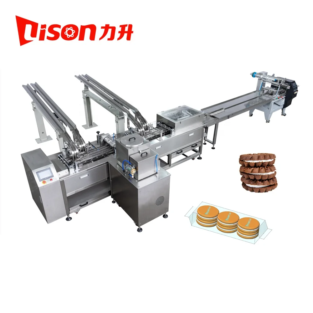 CE Automatic high capacity sandwich small biscuit creaming making machine with pile packing line