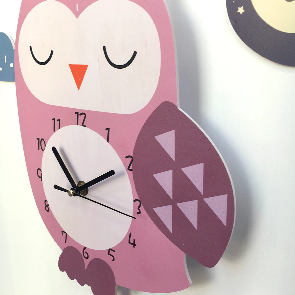Funlife UWC016 Pink Owl Cartoon Cute Minimalist Wall Art Decoration Kids Room Wall Clock