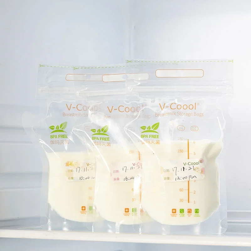 
V-Coool Wholesale BPA Free freezer safe zip lock self-standing up breast milk storage bag for breast feeding 