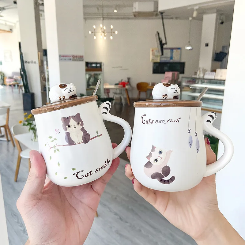 Cute Cartoon Cat Porcelain Lid Coffee Ceramic Mug
