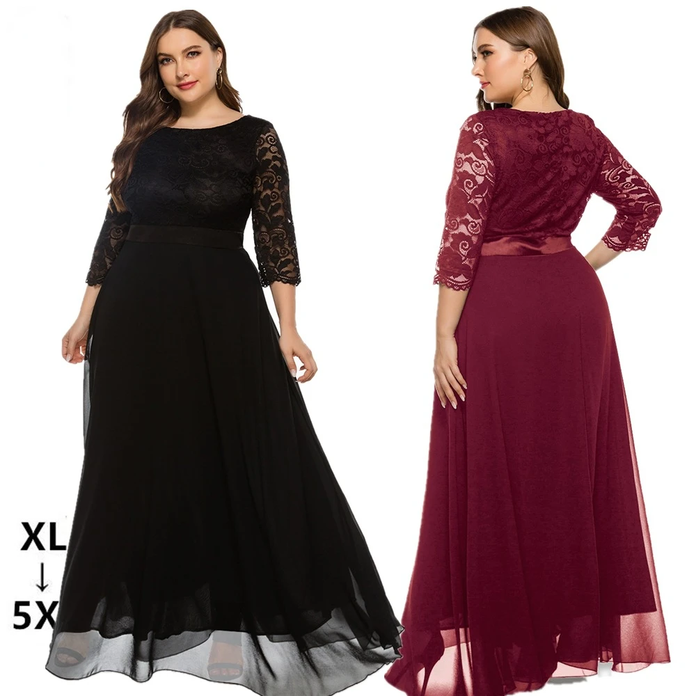 BOJIN ODM&OEM Women Dress Large Size New Lace Evening Dress Solid Long Sleeve Elegant Dress for Women