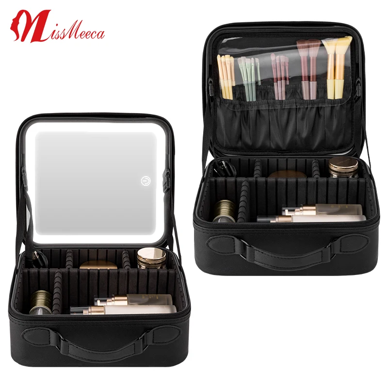 Folding Espejo Con Luz Portable Led Travel Vanity Cosmetic Case With Mirrors Black Professional Lighted Makeup Bag Mirror