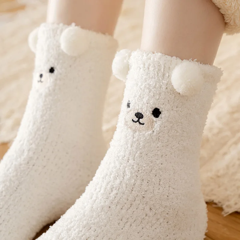 Lady Cute 3D Bear Winter Warm Floor Socks Coral Fleece Fiber Comfy for Sleeping Floor Fuzzy Socks Women