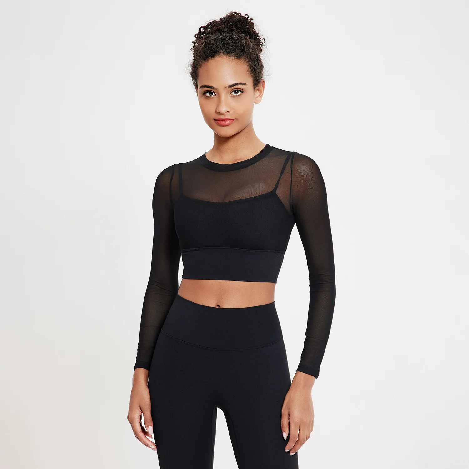 Sexy Mesh Crew Neck Yoga Wear Long Sleeve Set Gym Fitness Sets Women Quick Dry Active Wear Sets
