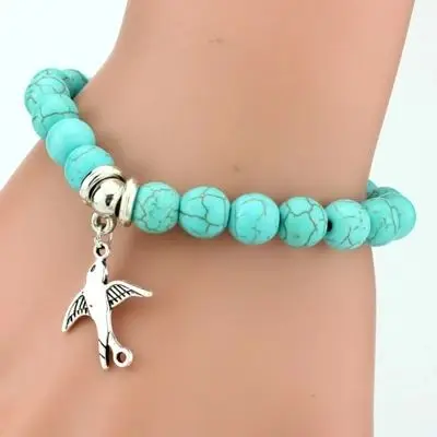 Kiss Boho Vintage Turquoise Blue Beads Elephant Owl Bird Heart Cross High-heeled Shoes Dangle Charm Stretch Beaded Bracelet Sets