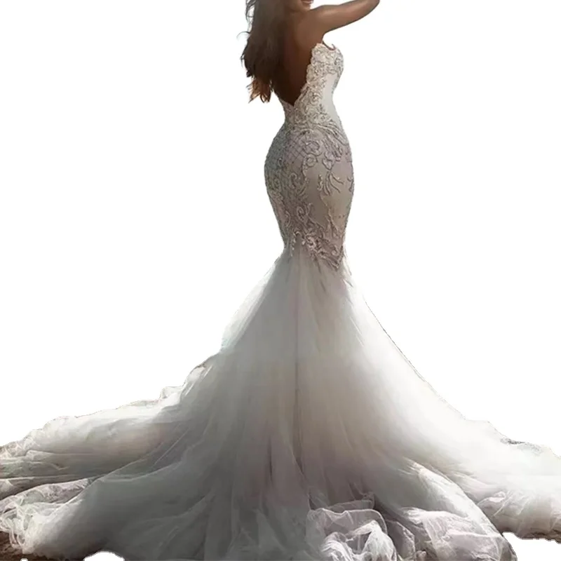 White Lace Long Dress Applique Trumpet Wedding Bride Backless Wedding Dresses