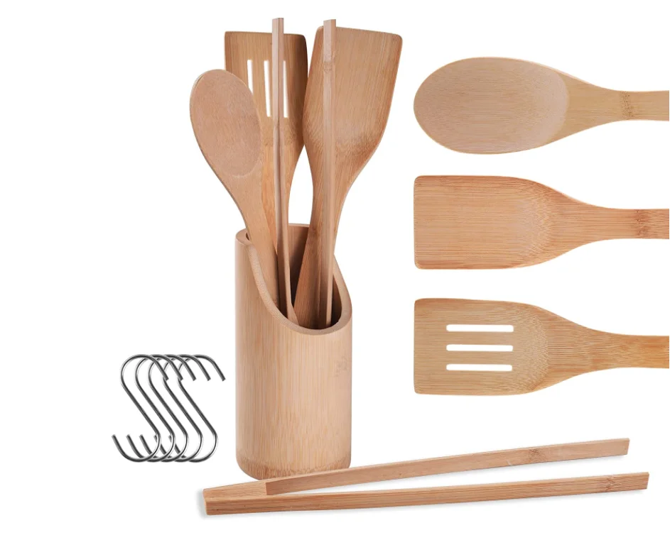 Bamboo Kitchen Utensils with Holder, Wooden Spatulas and Cookware Set, Bamboo Spoons for Cooking
