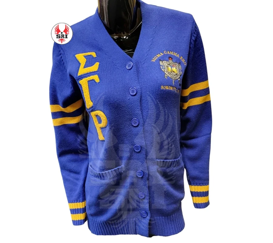 Sigma Gamma Rho Wholesale Custom OEM ODM Acrylic Cotton Knitted Varsity Sorority Greek Cardigan Sweater For Woman