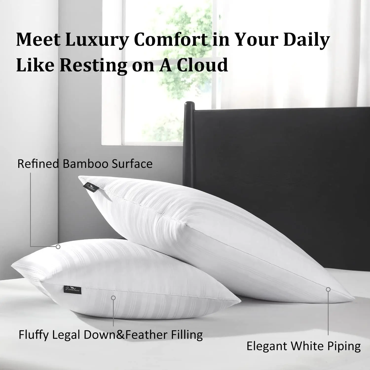 Goose Feather Down Pillow - Set of 2 Bed Pillows for Sleeping with Rayon Derived from Bamboo Shell, Queen Size (20x28)
