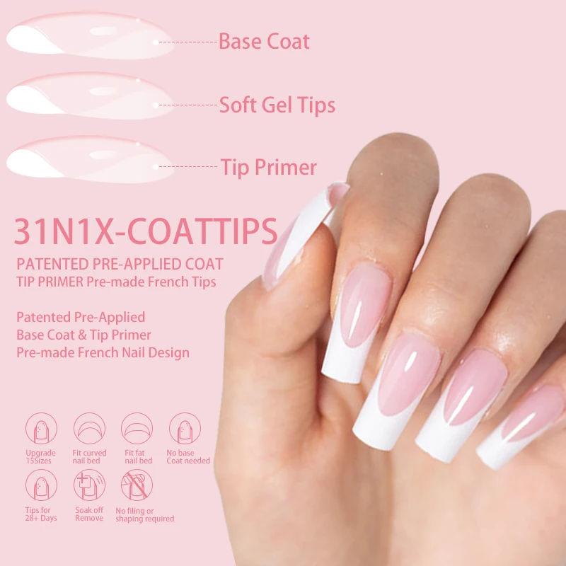 Nude Natural French Nail Short Length Designed False Nails Press On White Silver Glitter Tips Wear Comfortable