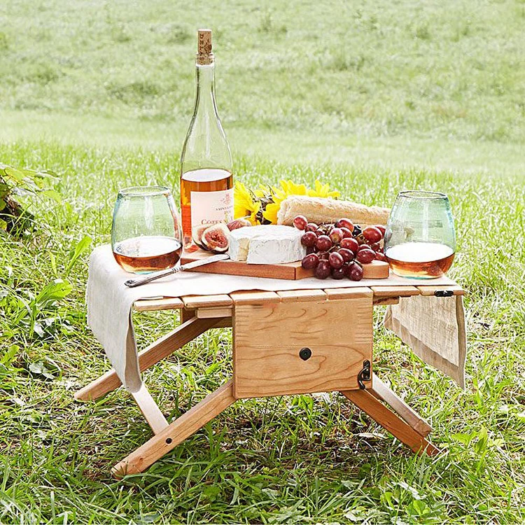 New design OEM portable bbq camping basket foldable outdoor folding wooden wine carrier bamboo picnic table with handle