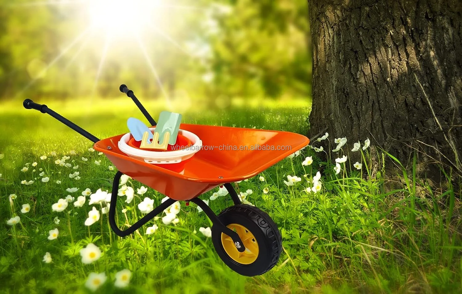 Kids Wheelbarrow Outdoor Kids Toy Wheelbarrow Steel Tray Rubber Hand Grip Durable Metal Child Barrow Toddler Garden Wheel Barrel