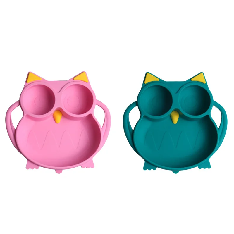 Manufacturer Supply Food Grade Silicone Owl Shape Baby Dinner Feeding Plate With Stainless Steel Spoon And Fork