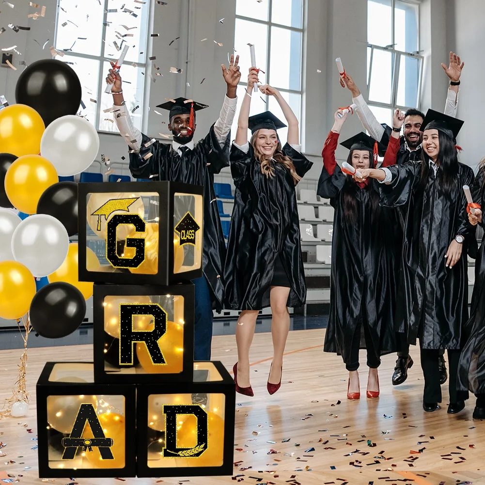 Ourwarm Custom Graduation Party Supplies Gifts Sets Black Gold Blocks Decoration Graduation Balloon Boxes with Led