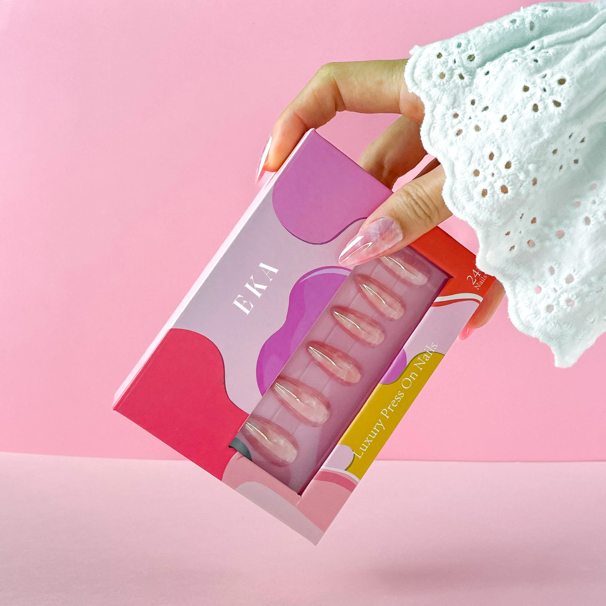 Custom Printed  Empty False Nails Package Box uv coating Pink Press On Press On Nail Artificial Fingernails Packaging Box