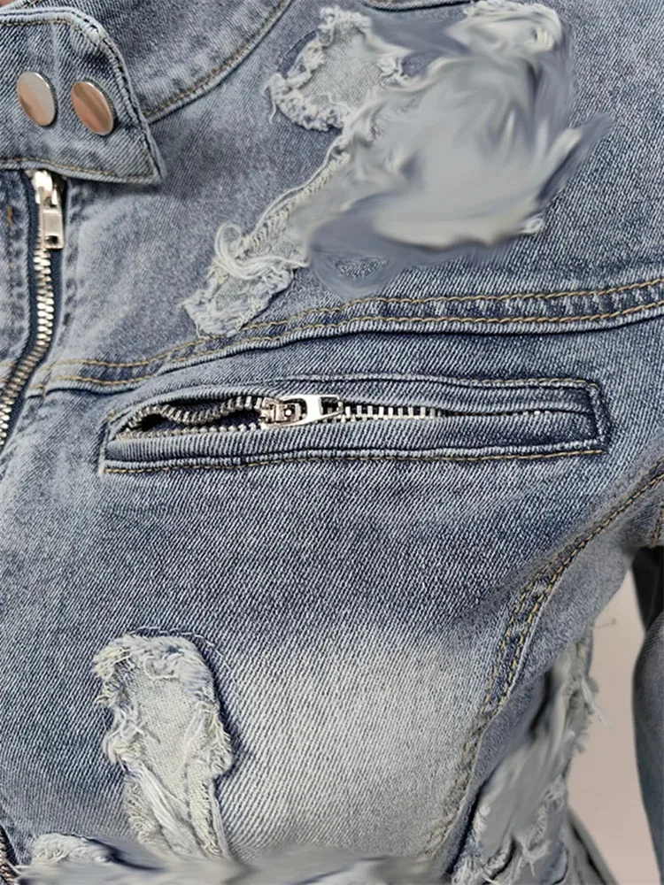 2023 Denim Two Piece Set for Women Zip Up Crop Jacket and Mini Skirt Fall Bodycon Outfits