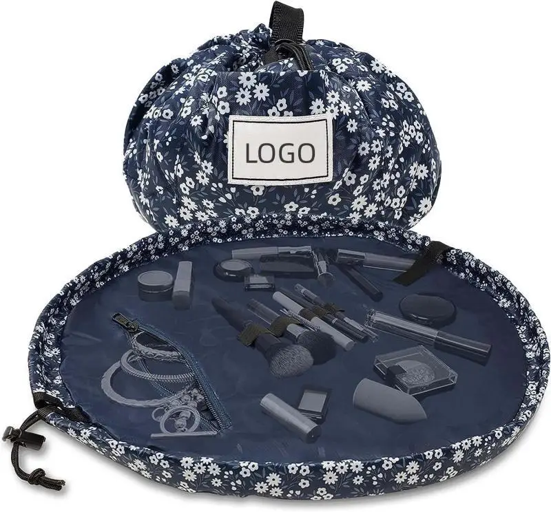 Custom polyester waterproof travel lazy storage drawstring makeup bag custom size color portable large capacity makeup bag