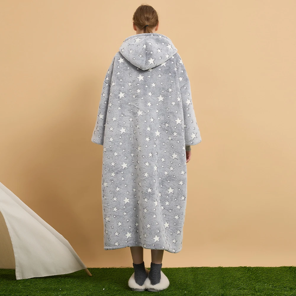 Long Oversize Sherpa Flannel Blanket Hoodie Big Pocket Blanket Sweatshirt For Women Men Teens