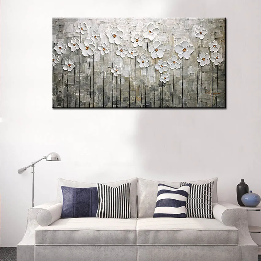 Wall Decoration 100% Handmade Canvas Modern White Flower Painting with Heavy Oil Paints