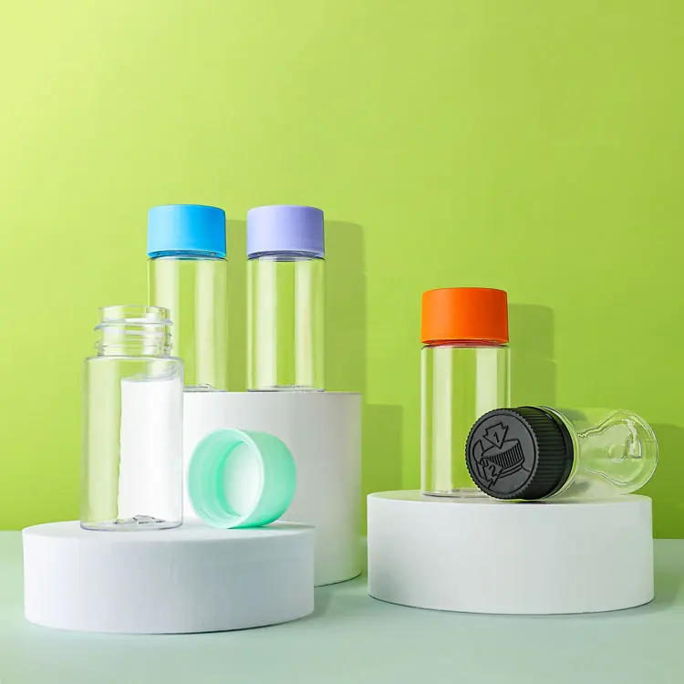 Custom 30ml 40ml 50ml 60ml black lid transparent empty storage cosmetic child proof resistant pet plastic bottles with screw cap