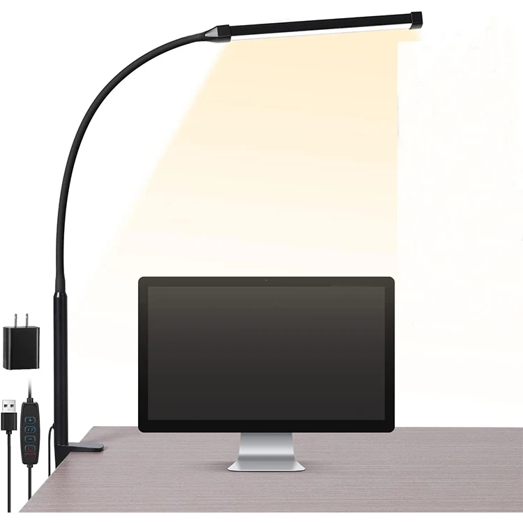 LED Desk lamp with Clamp for Home Office Long Flexible Goose neck Metal Swing Arm Architect Task Table Lamps with USB Adapter
