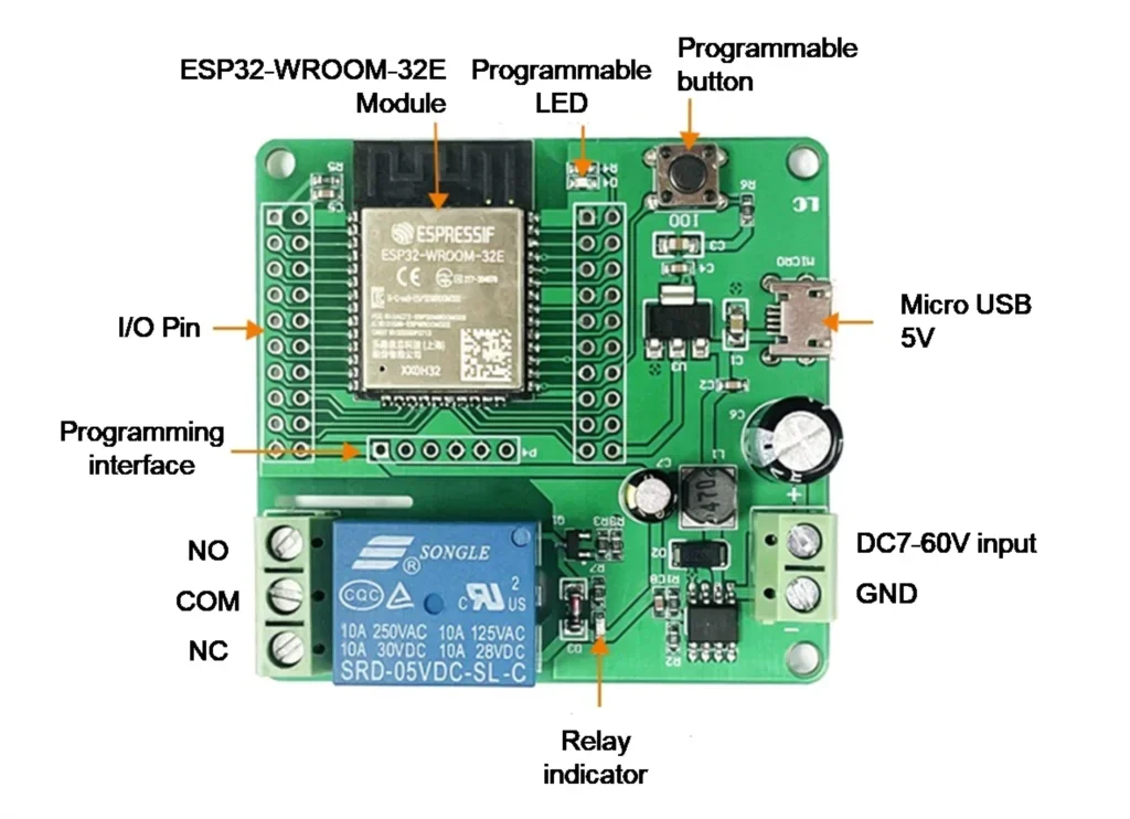1 Channel ESP32 WIFI Bluetooth BLE Relay Module DC5-60V Power Supply ESP32-WROOM-32E Development Board I/O Port Full Pin