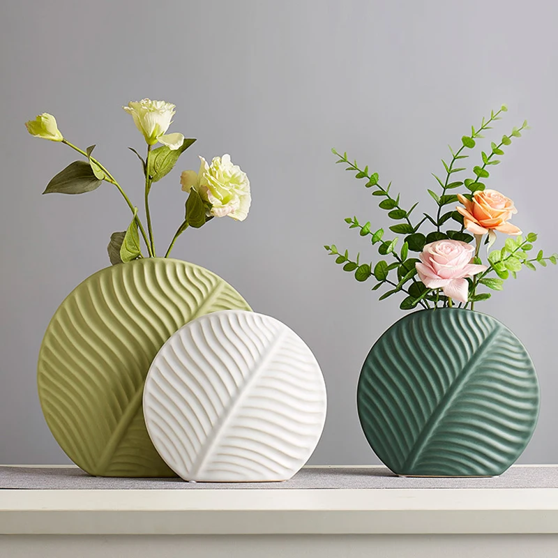 Nordic Ceramic Leaf Vase Living Room Decorations Flower Arrangement Vase Desktop Creativity Green Leaves Floral Ornaments