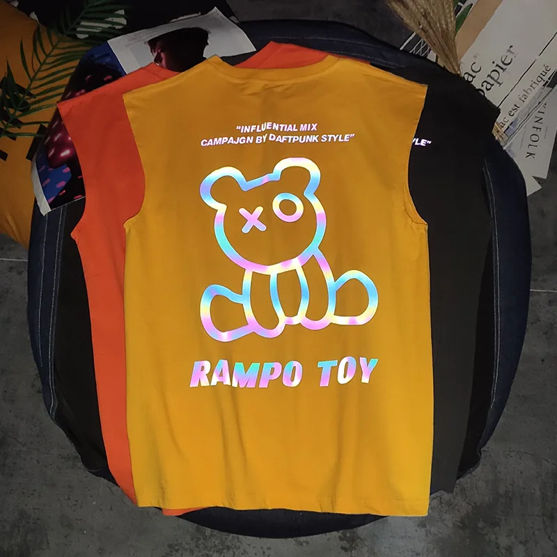 2022 custom reflective glow tee shirt Tank top  cotton Cartoon printing sleeveless t-shi loose street wear vest hip hop tshirt