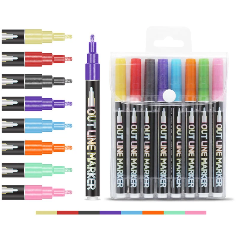 2024 New Design Custom 8 12 Colors Circular double Outline Metallic Markers Magi Pens Supersquiggles Markers Set