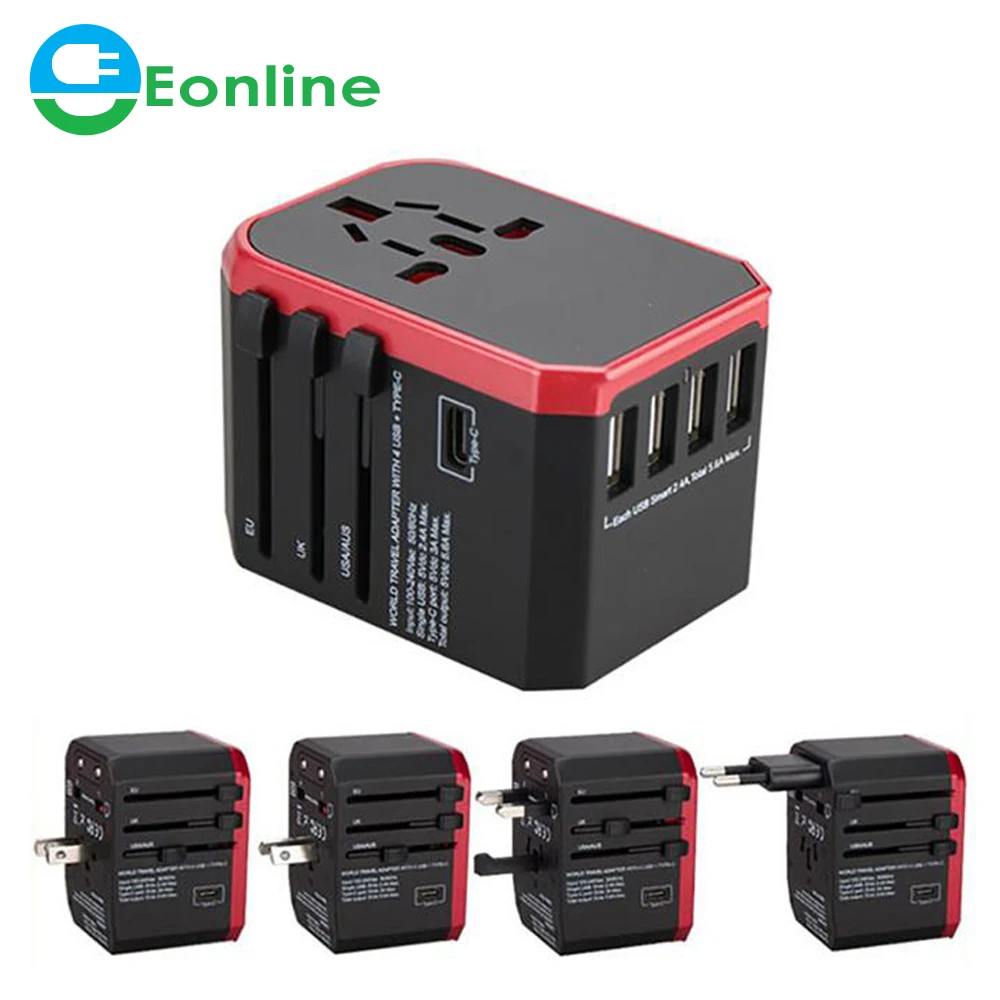 EONLINE Travel Adapter International Universal Power Adapter All-in-one with 5 USB Worldwide Wall Charger for UK/EU/US/Asia