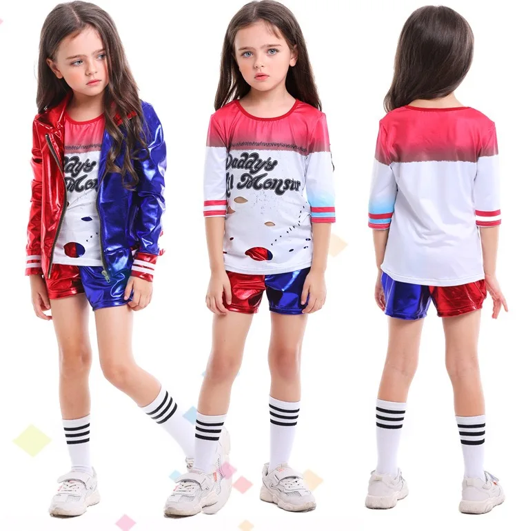 Hot Sale Kids and Adults Same Style Suicide Squad Quinn Halloween Costumes with Wig for Girls and Women