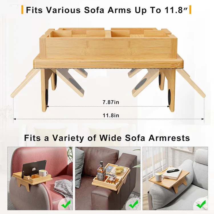 Houseware Wood Armrest Clip On Side Table Detachable Cup Holder Bamboo Sofa Refreshment Tray For Drinks