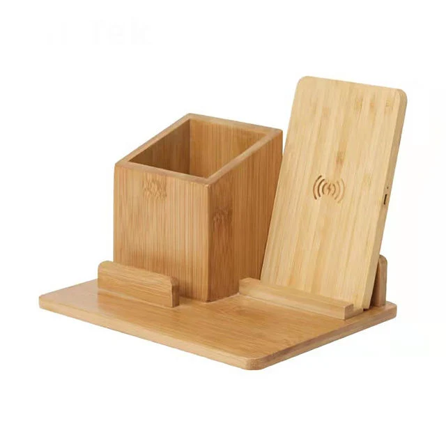 Multifunction Bamboo Cell Phone Charge Storage Box Bamboo Wireless Charge Stand Bamboo Pen Holder for Study Office