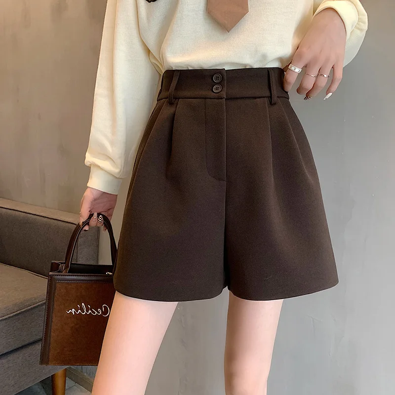 Woolen Shorts Women 2021 Autumn Winter New Korean Chain High Waist Loose Casual A-line Coffee Black Wide Leg Shorts S-XL