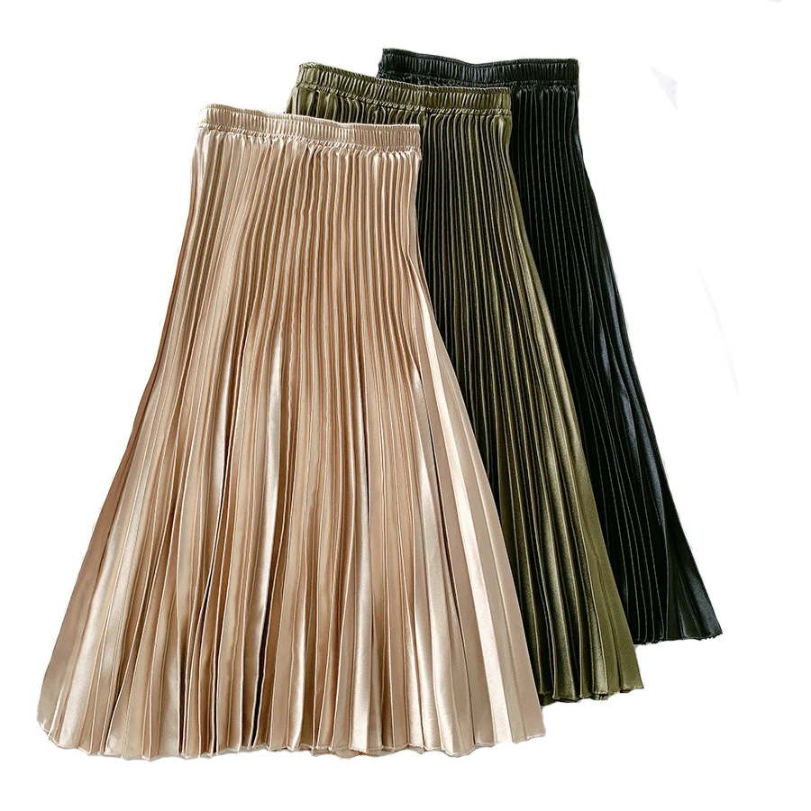 High Waist Satin Pleated Skirt VD2303 Autumn Solid Color Black Pink Blue White Long Skirt for Women