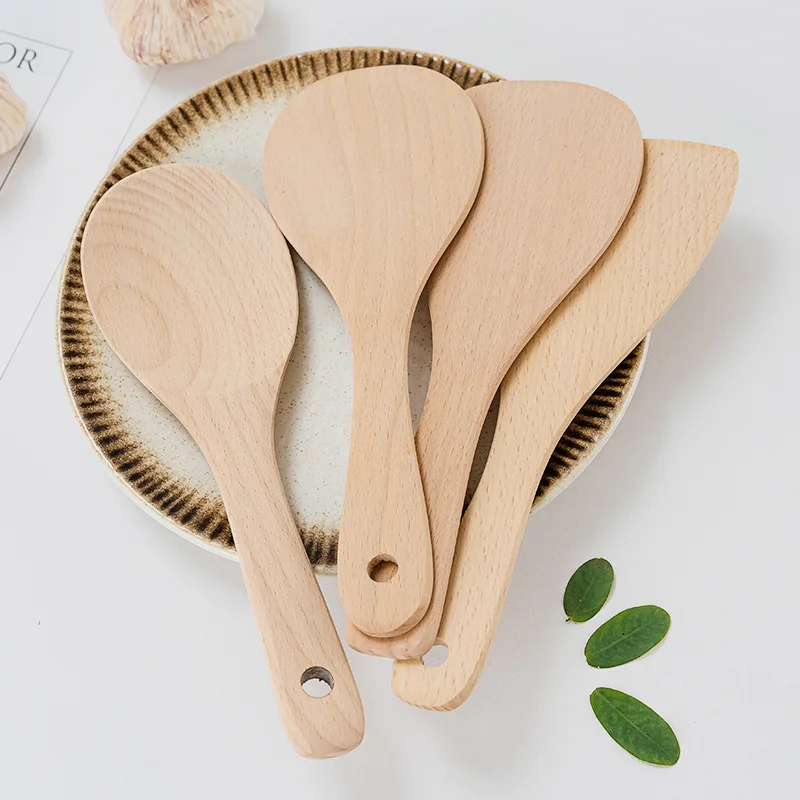 Beech Unpainted And Unwaxed Kitchen Cooking Wood Spatula Scoop Set Long Handle Cooking Spoon Kitchen Wood Shovels
