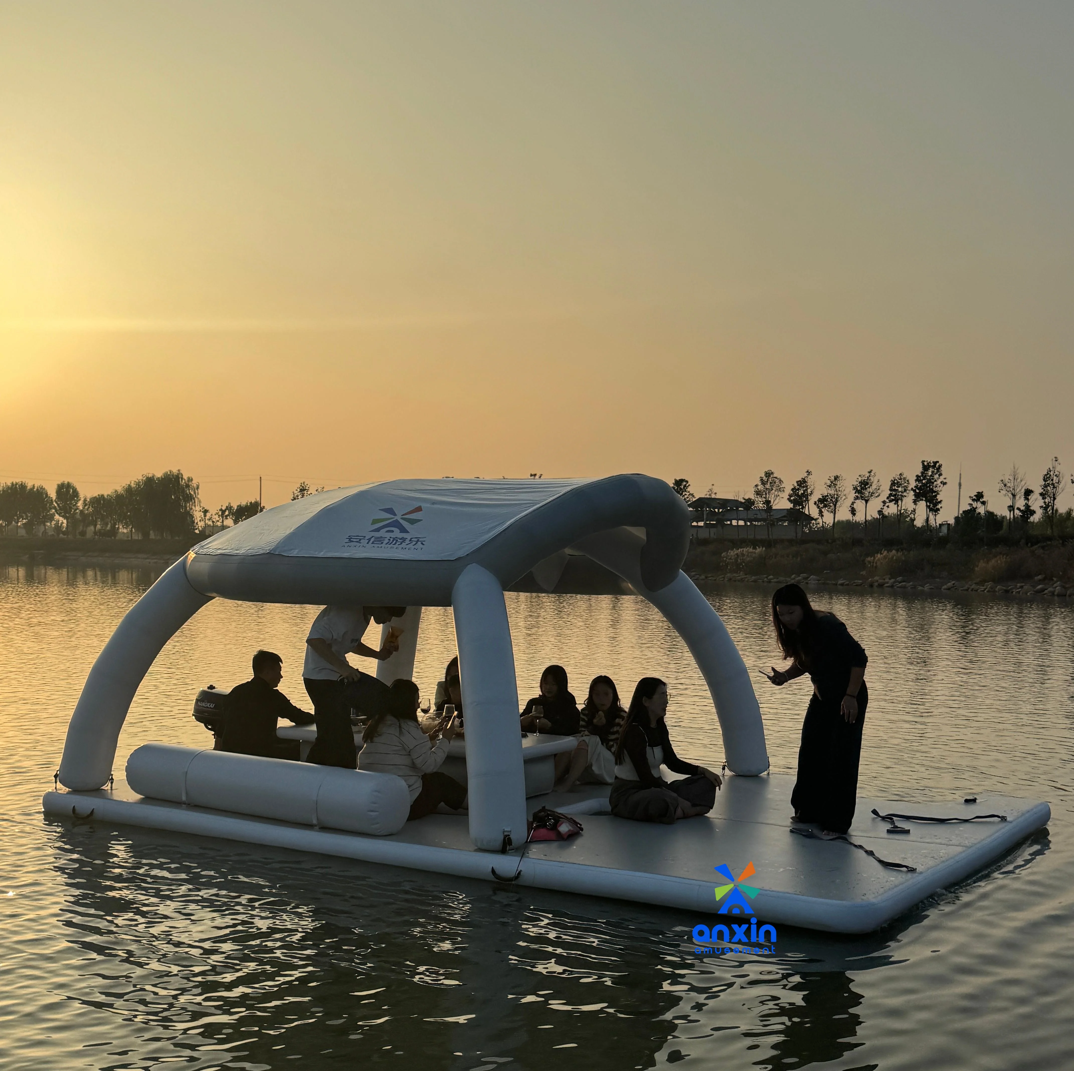 wholesale pontoon swim deck water leisure island driftsun inflatable floating dock platform inflatable mat with tent