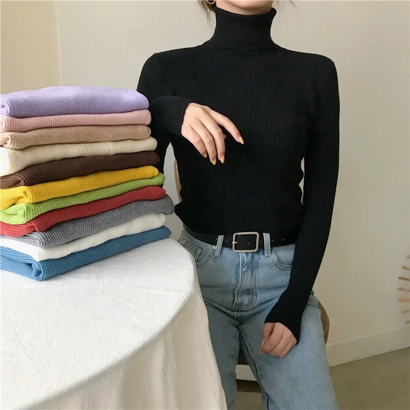 Casual 12 color options Tight Undershirt Long Sleeve Keep Warm Plain Fall Turtleneck Sweater For Women