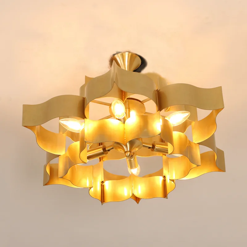 HITECDAD interior vintage luxury copper ceiling chandelier hotel villa church living room bedroom brass lotus pendant light