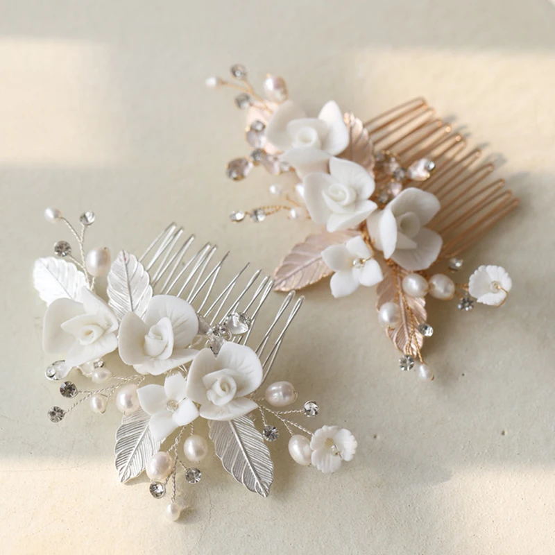 Керамическая металлическая расческа для волос с цветами, аксессуары для волос из пресноводного жемчуга, свадебная расческа для волос ручной работы