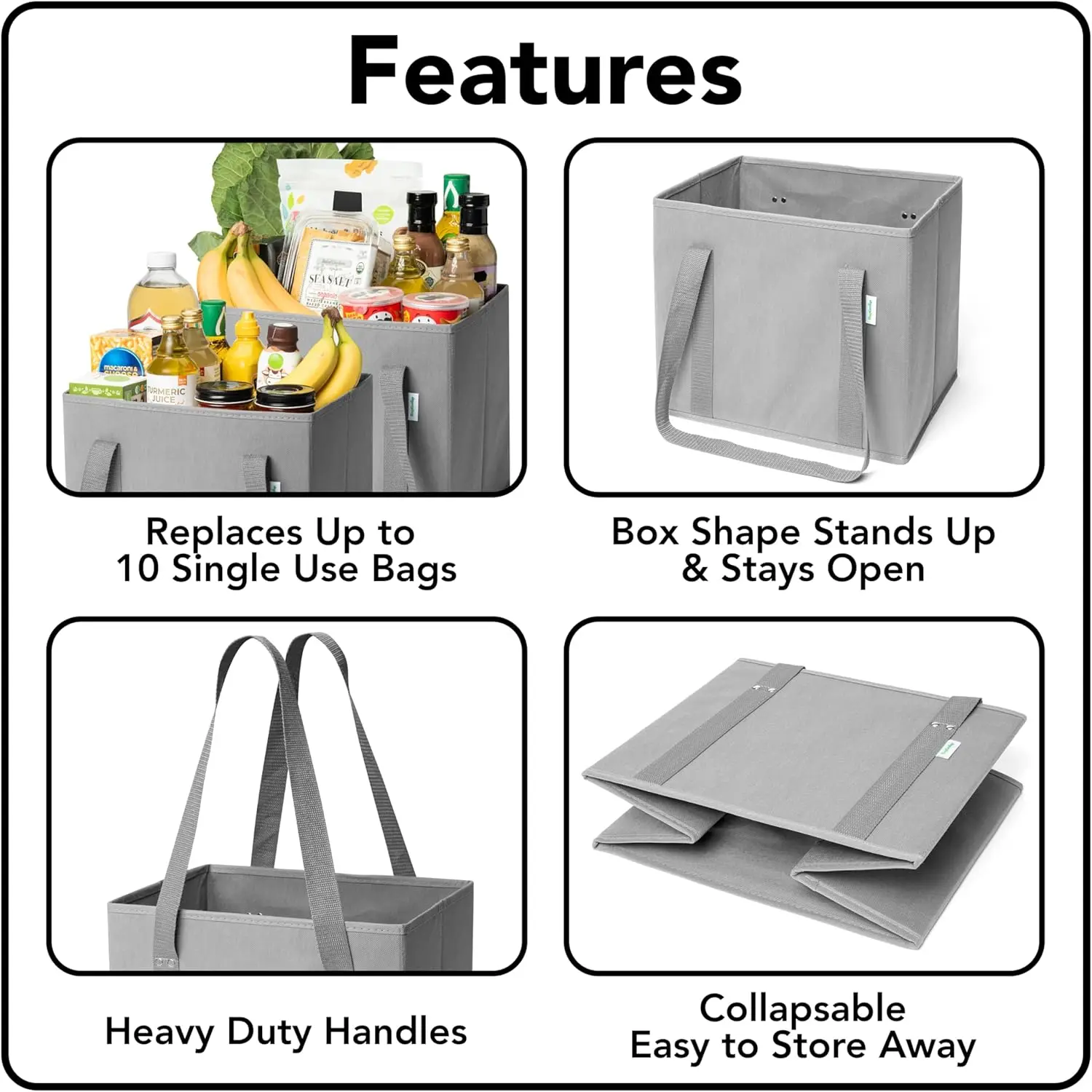 Reusable Grocery Bags Foldable Shopping Bags for Groceries with Box Shape to Stand Up and Stay Open