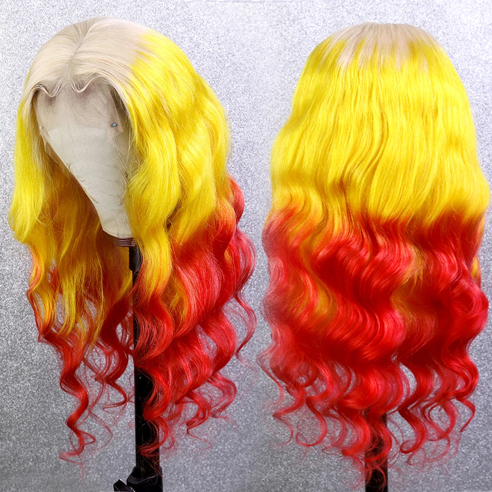 3T White Yellow Orange Colored Wig Human Hair Brazilian Virgin Lace front Wig Transparent Swiss Lace High Grade for Halloween