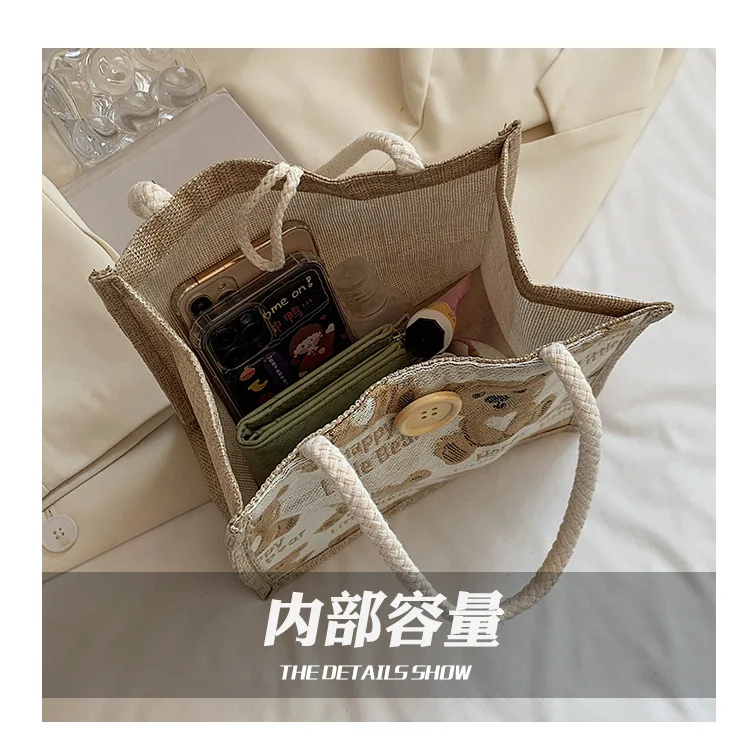 2024 Fashion handbags sudents shoulder bags outdoor shopping bags women bear linen tote bags