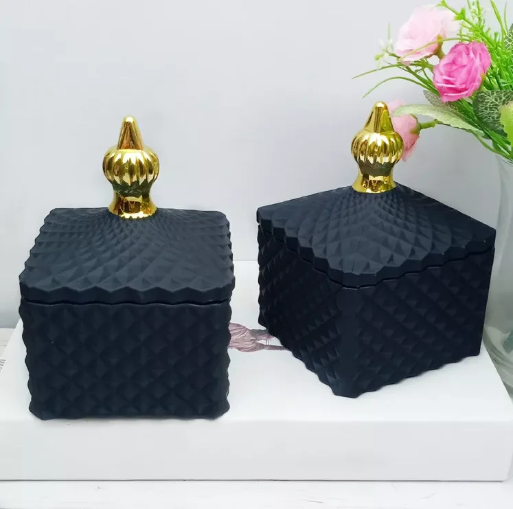 BESTSUN wholesale 8oz  black empty square Geo cut candle vessels with glass lid cube embossed glass candle jar for candle making