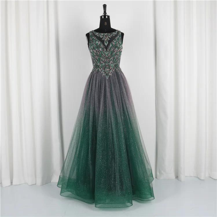 
Hot Sale Sexy Beading Sleeveless Prom Party Women Green Evening Gown Ombre Tulle Evening Dress 