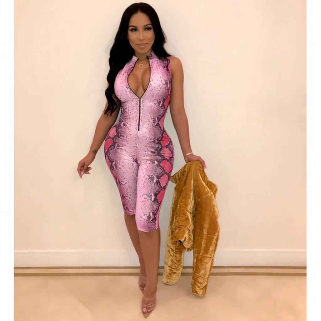 Hot Trendy  high quality Snake Print Romper Knee Length V Neck zipper front Stretchy women sexy bodycon jumpsuits and rompers
